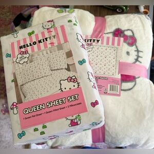 HELLO KITTY Mushrooms & Bows sheet set AND matching Blanket Queen 100% Cotton